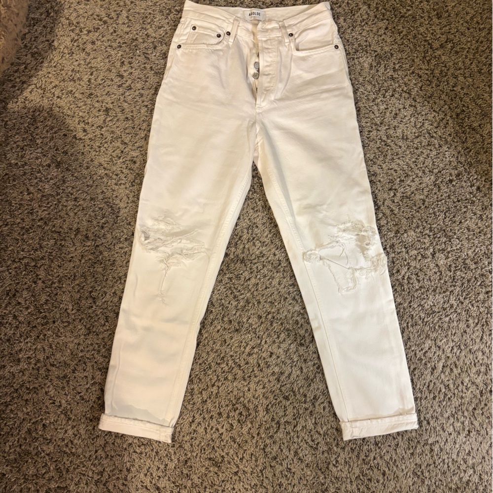 Agolde distressed white straight leg jeans